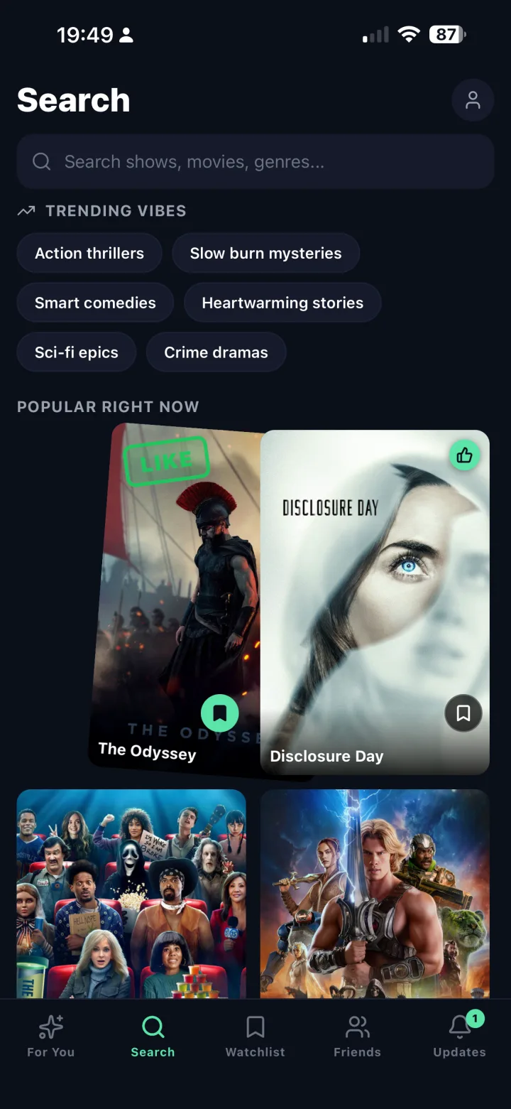 Search screen with a swipe card being liked and Trending Vibes chips