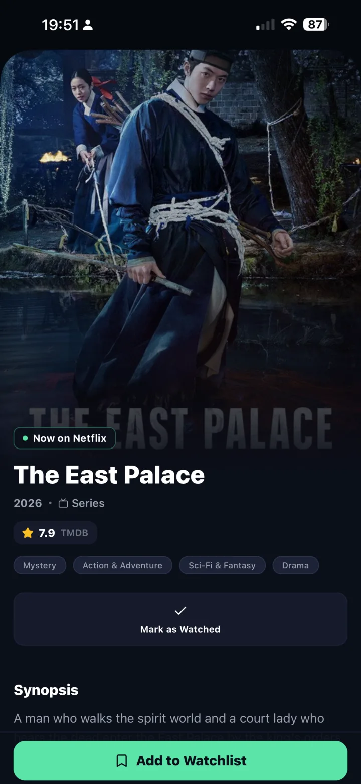 Title detail screen showing where to stream, rating, and Add to Watchlist