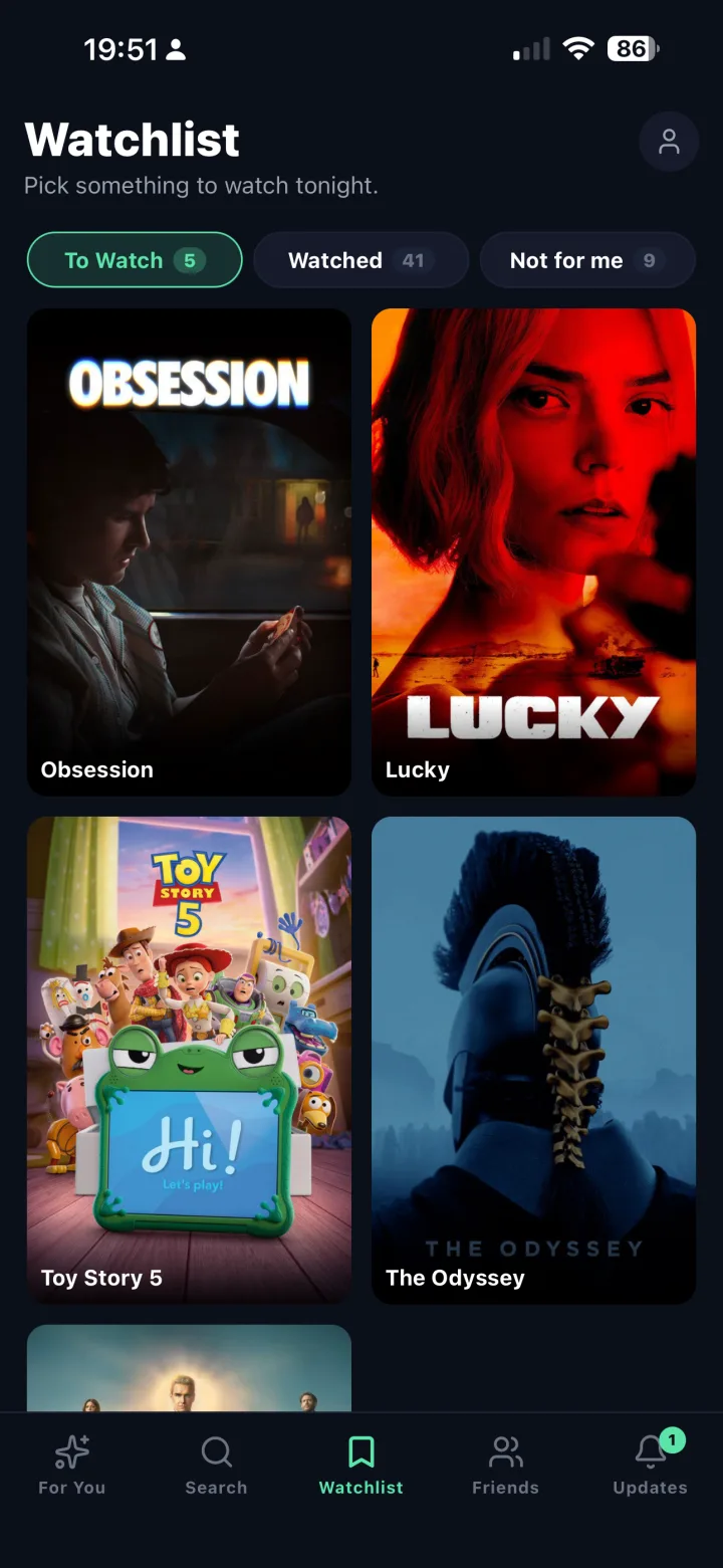 Watchlist screen with To Watch, Watched and Not for me tabs