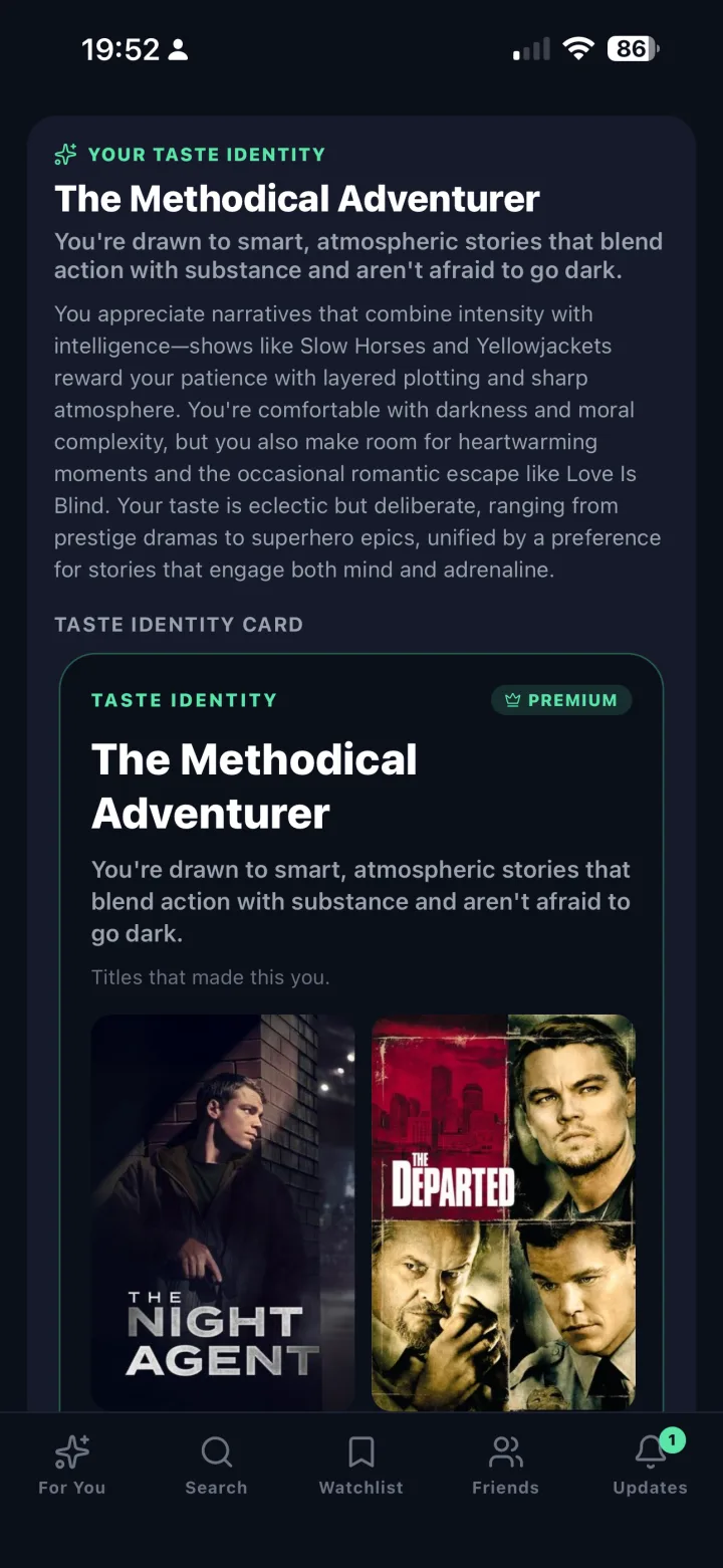Taste Identity screen showing a shareable Taste Card titled The Methodical Adventurer