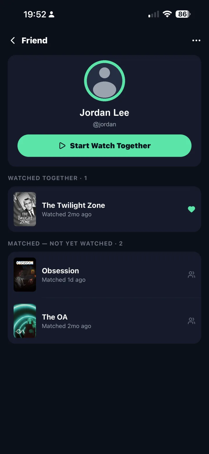 Friend profile with Start Watch Together button and matched titles